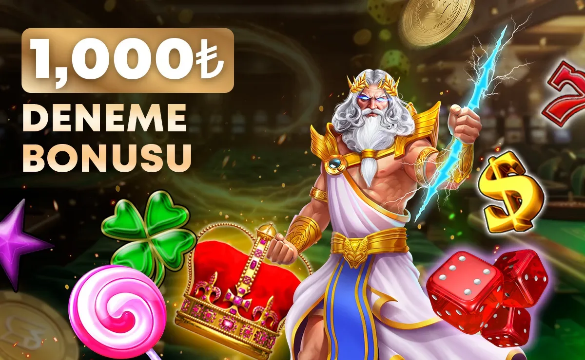 5Stakes yatırımsız 1.000 TL deneme bonusu banner'ı, slot sembolleri ve Zeus karakteri